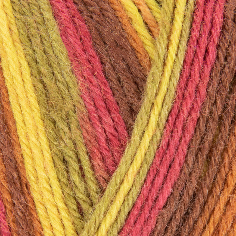 Close-up of multicolored yarn with shades of green, red, and brown.