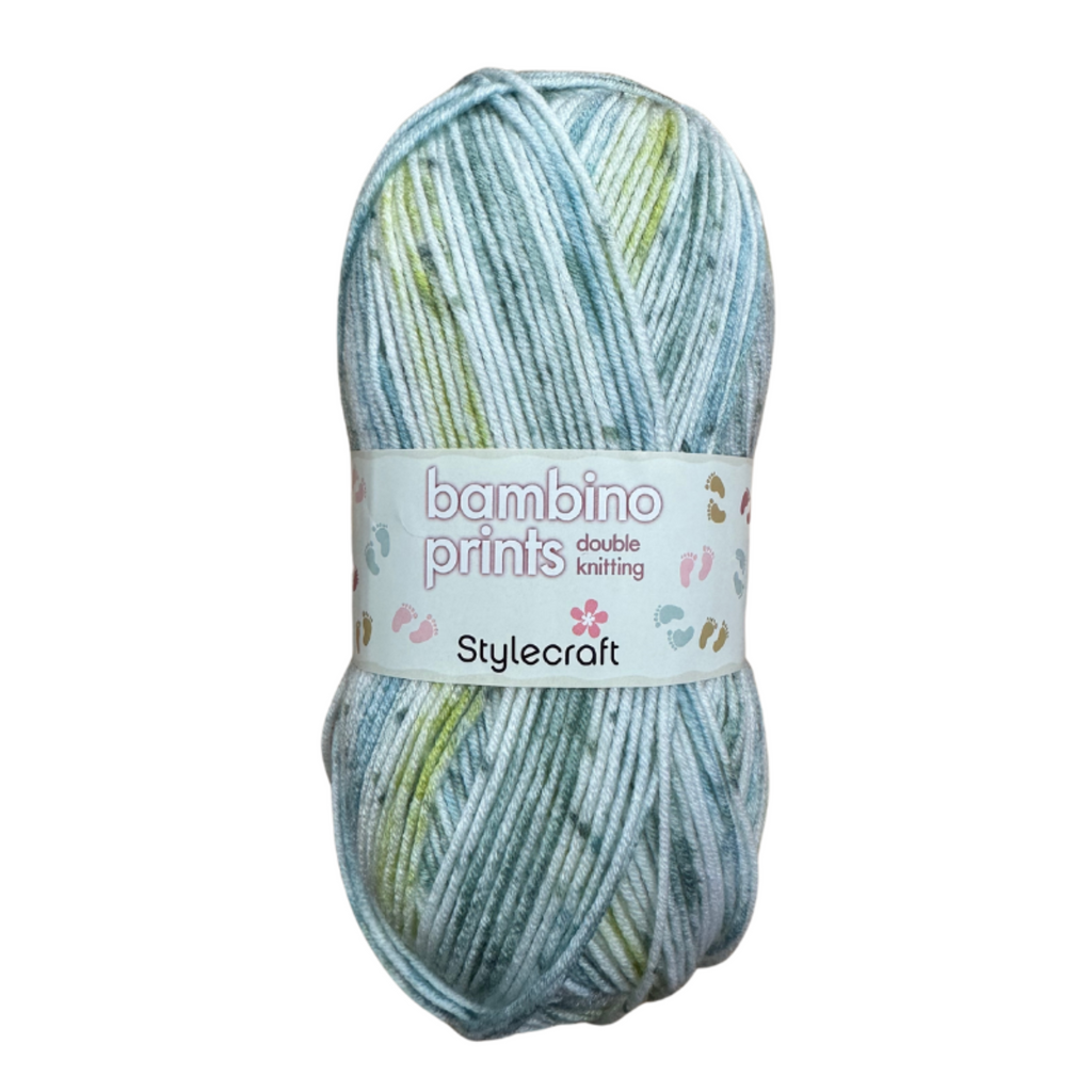 Ball of yarn with 'bambino prints' label on a white background