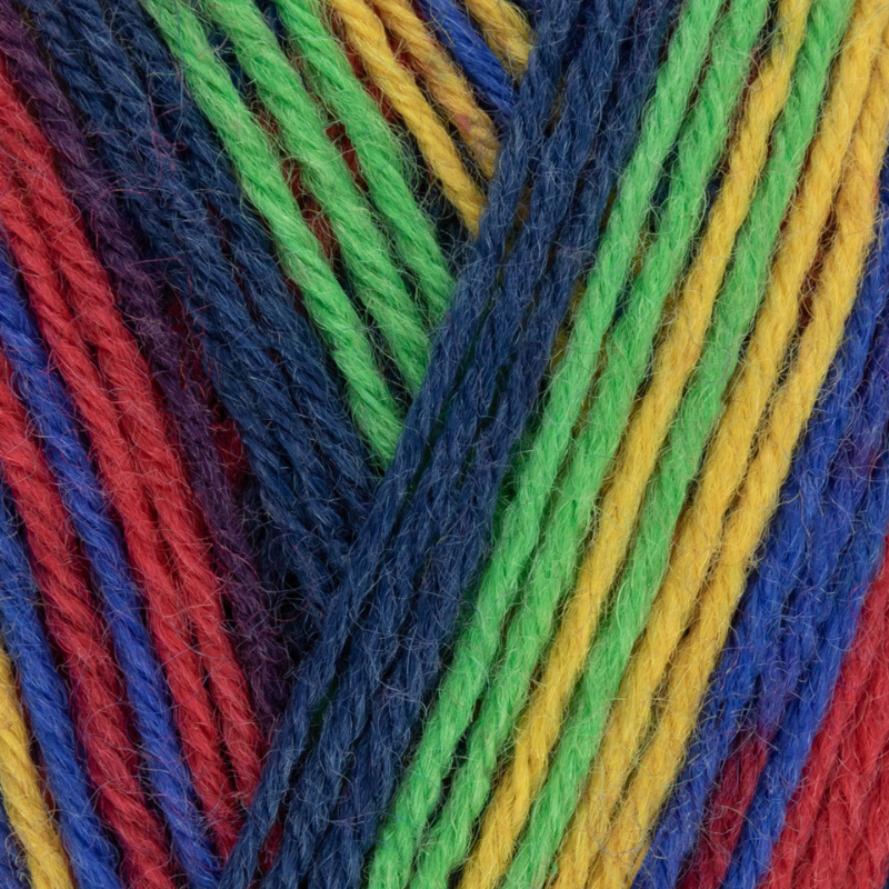 Close-up of multicolored yarn strands in red, blue, green, and yellow.
