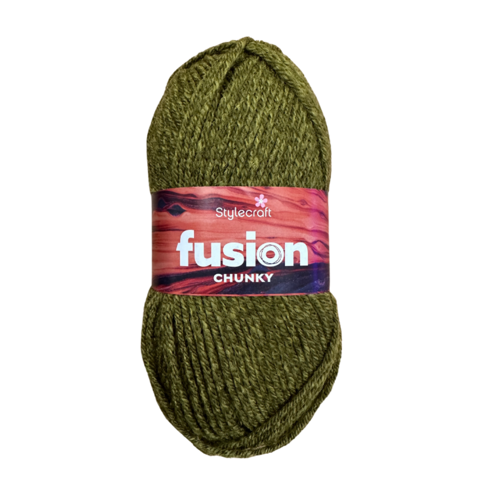 Ball of green yarn with a Stylecraft Fusion Chunky label on a white background