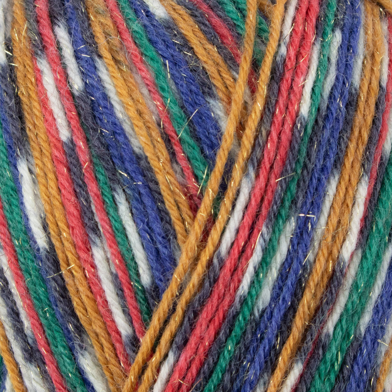 Close-up of multicolored yarn with red, blue, green, and orange strands.