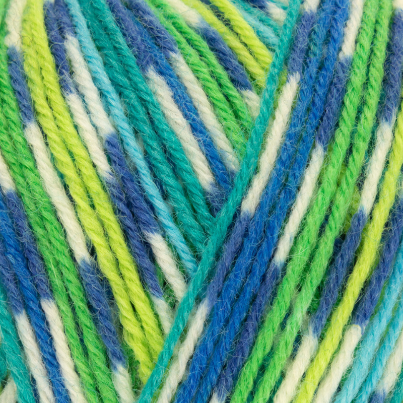 Close-up of multicolored yarn with blue, green, and white strands.