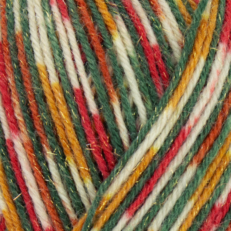 Close-up of multicolored yarn with red, green, yellow, and beige stripes.
