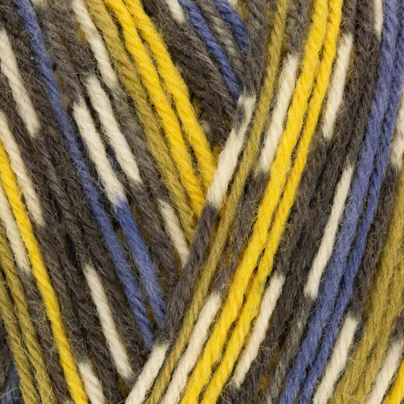 Close-up of multicolored yarn with blue, yellow, and brown stripes.