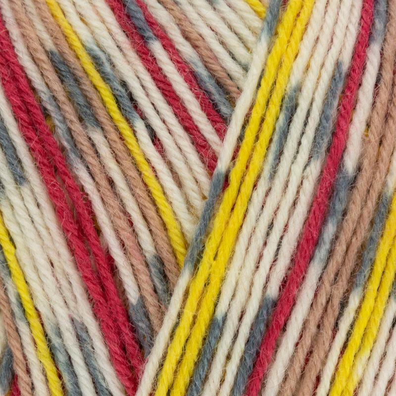 Close-up of multicolored yarn with red, yellow, beige, and gray strands.