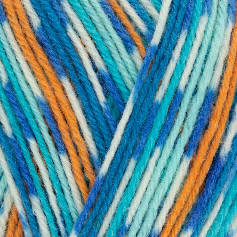 Close-up of multicolored yarn with blue, orange, and white strands.
