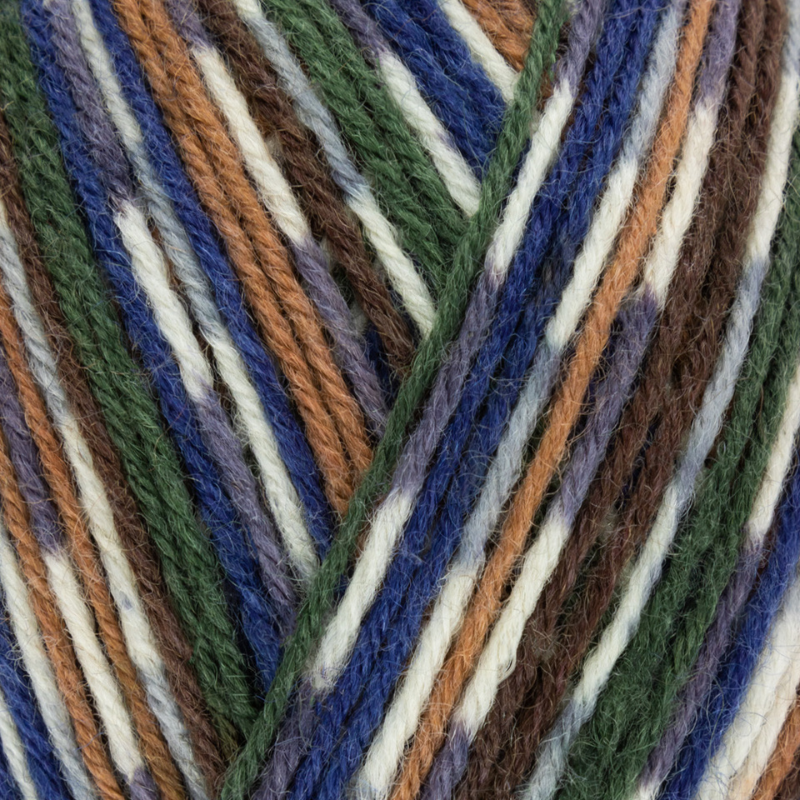 Close-up of multicolored yarn strands in green, blue, brown, and white.