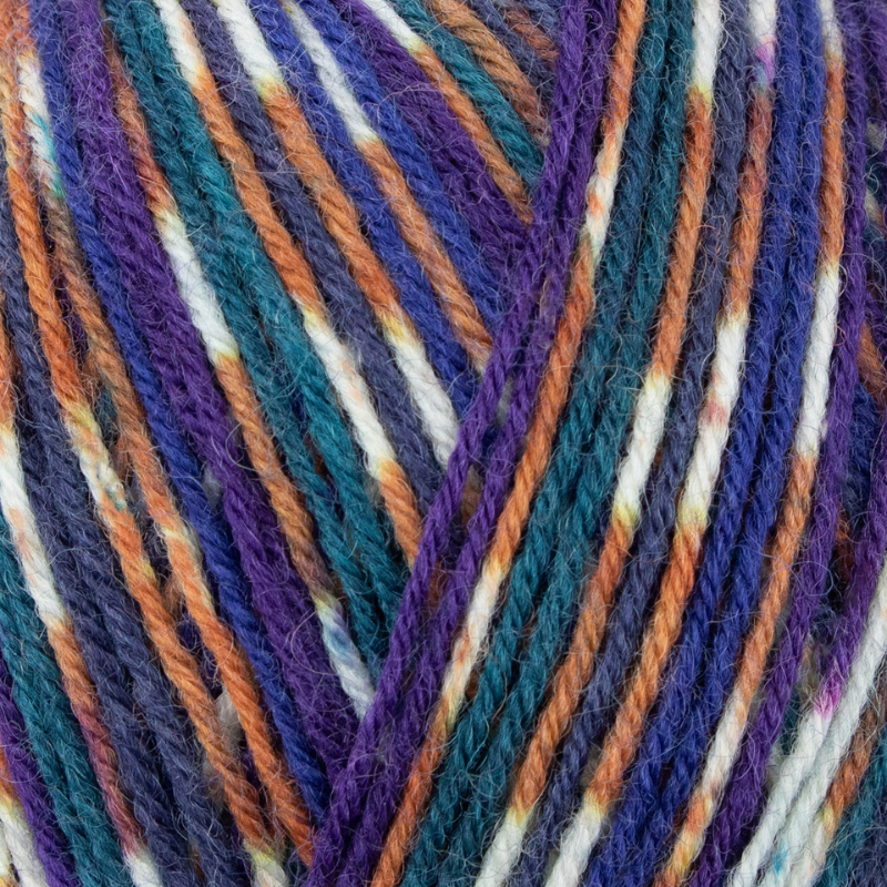 Close-up of multicolored yarn with purple, orange, and blue hues.