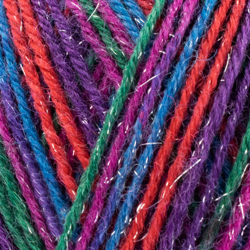 Close-up of colorful yarn strands in red, purple, blue, and green.
