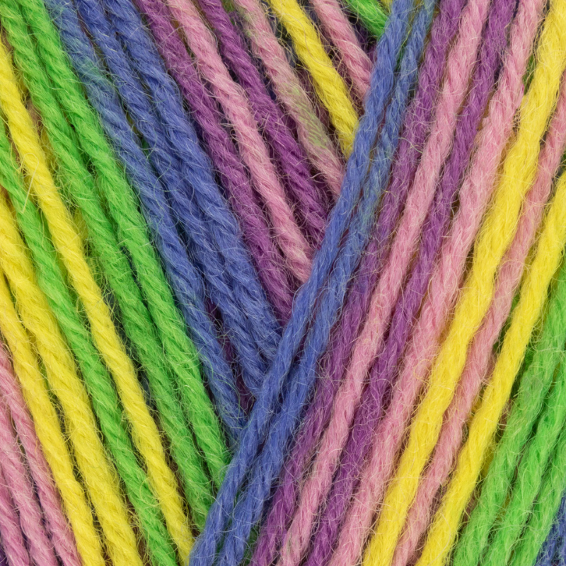 Close-up of colorful yarn strands in green, blue, pink, and yellow.