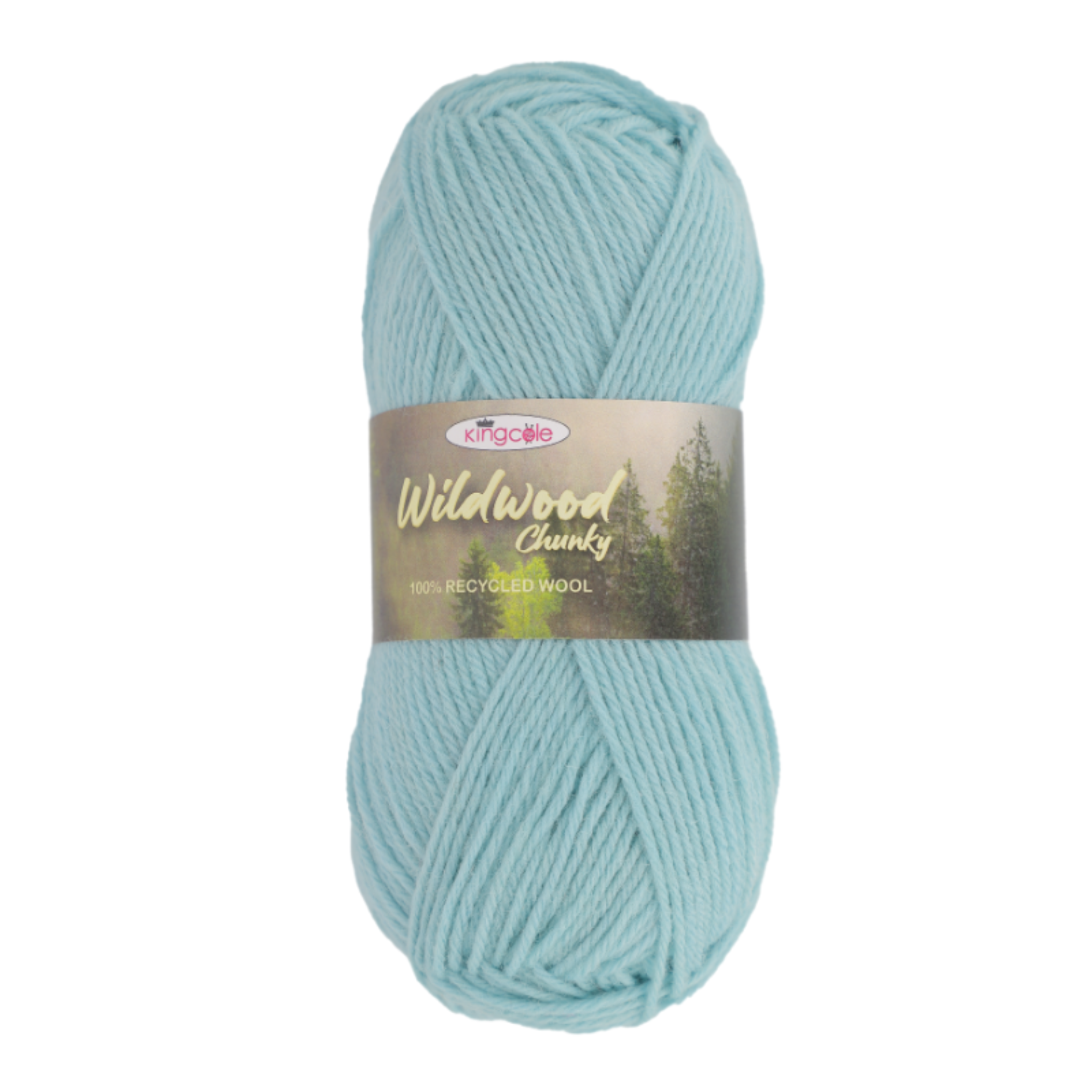 Light blue skein of yarn with a label on a white background